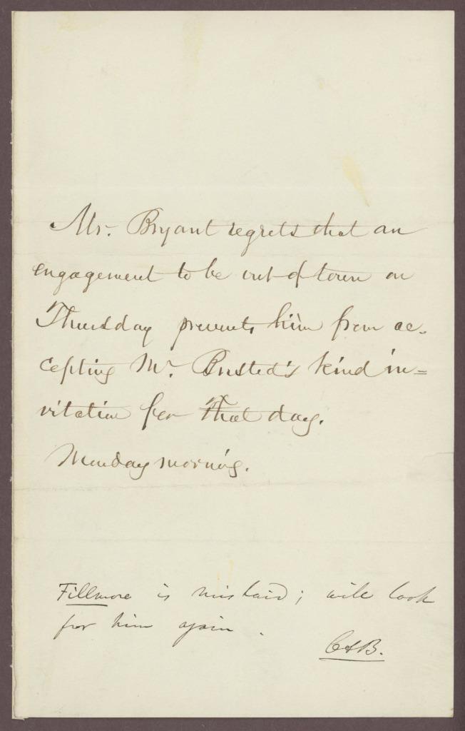 WILLIAM CULLEN BRYANT (1794-1878) handwritten letter | Poet - signed