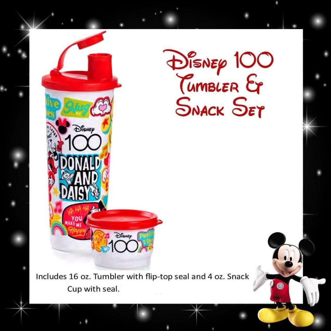 Tupperware Disney 100 Years Tumbler /Cup w/Drinking Spout 16 oz. & Snack Cup NEW