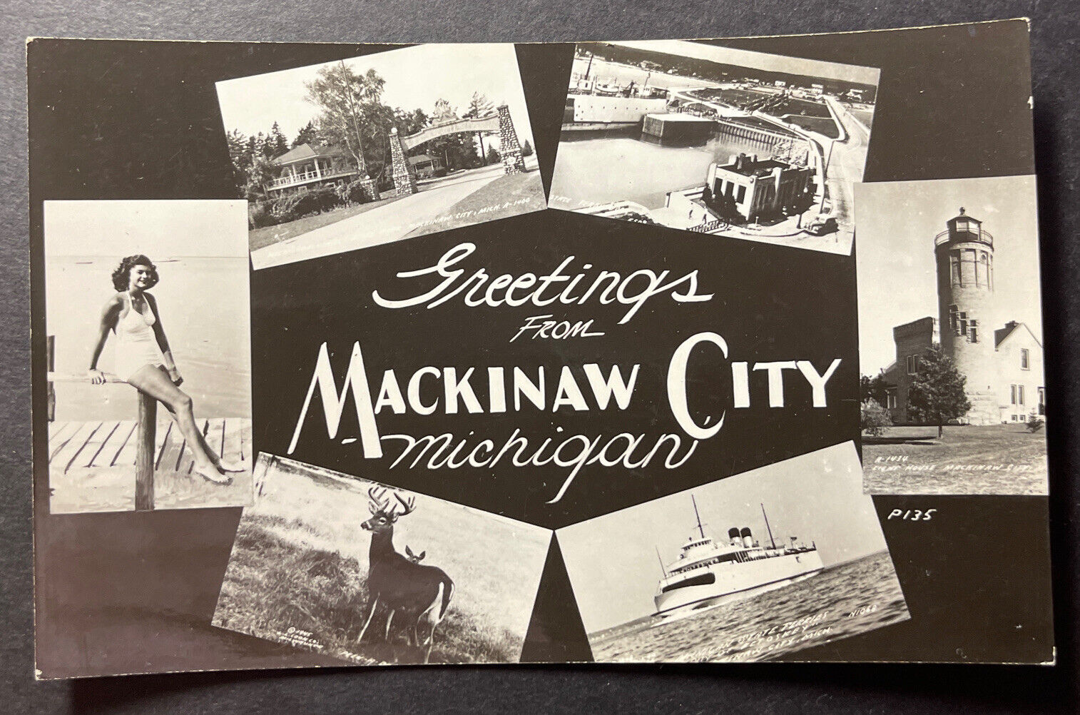 Greetings from Mackinaw City Michigan multi-view RPPC 1949