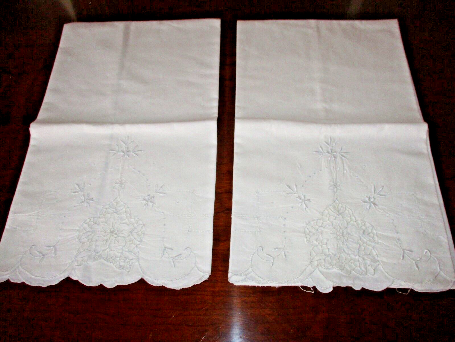 Antique white maderia cotton pillow case pair 34 X 20\