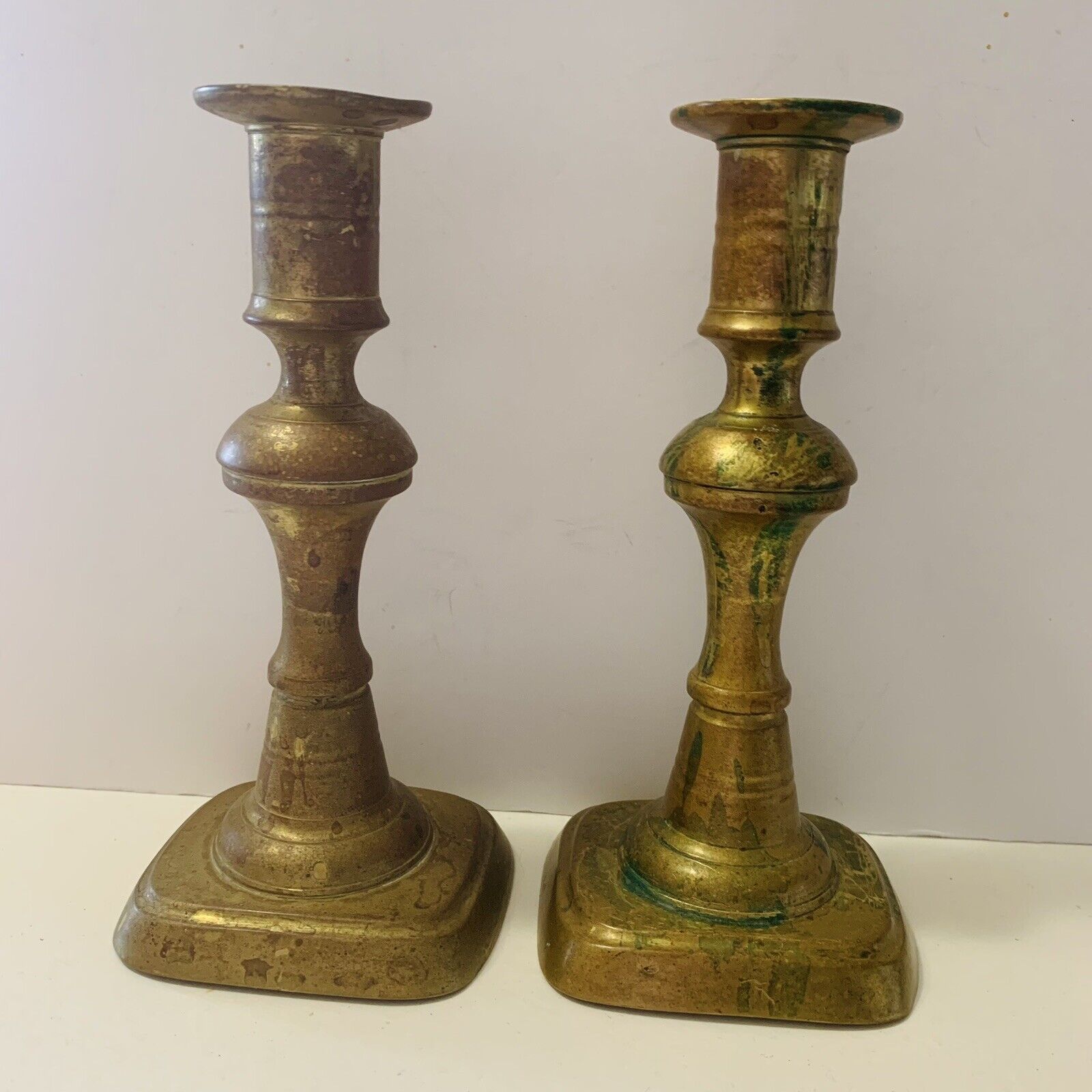 English Brass Candlestick Pair Antique 19th C 6.5” Tall Patina