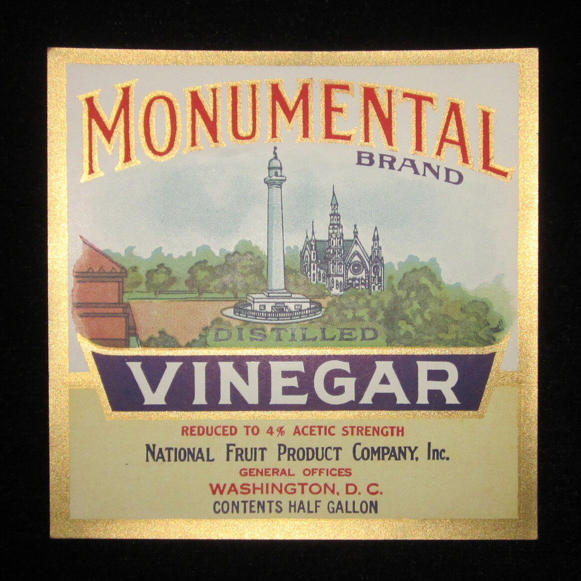 Vintage MONUMENTAL Distilled Vinegar paper label Washington DC