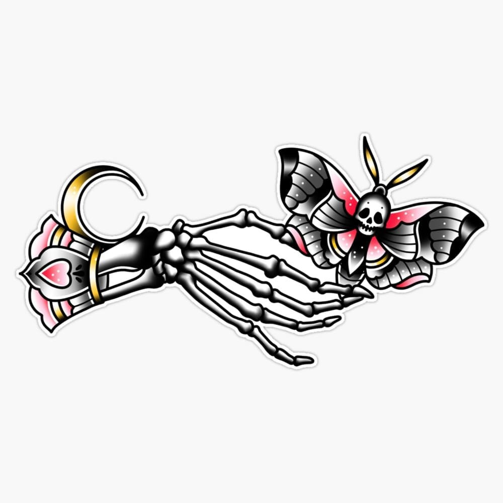Skull Moth and Skeleton Hand with Moon Vintage Cute Traditional Flash Tattoo Sti