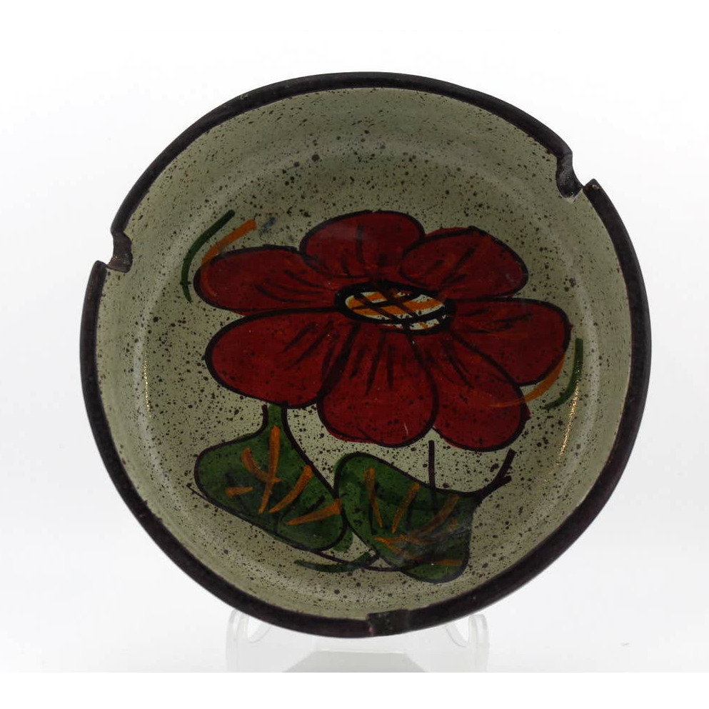 Vintage Ceramic Pottery Red Flower Ashtray MCM