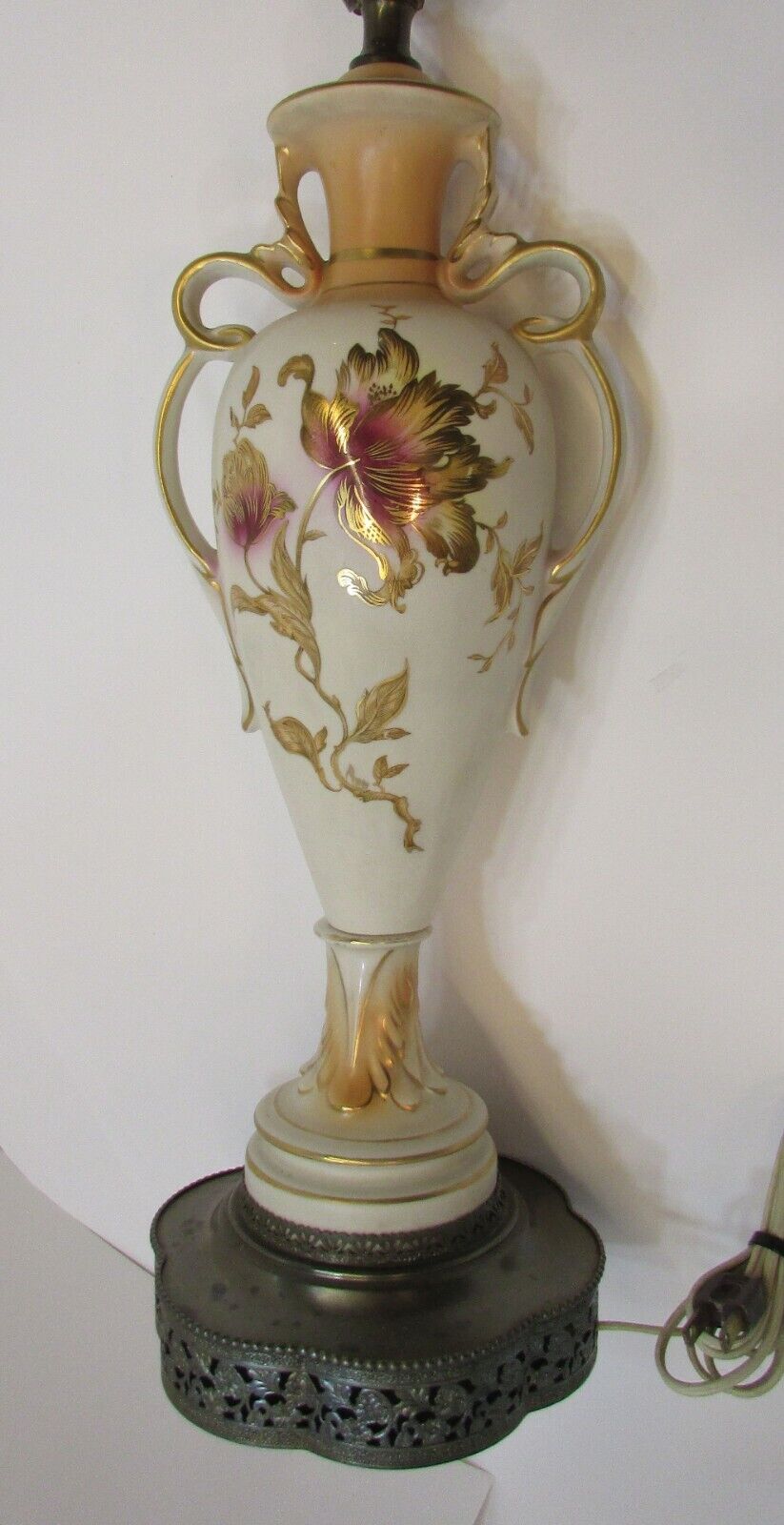 Vintage 1940\'s Hand Painted Floral Porcelain Brass Base Urn Style 32\