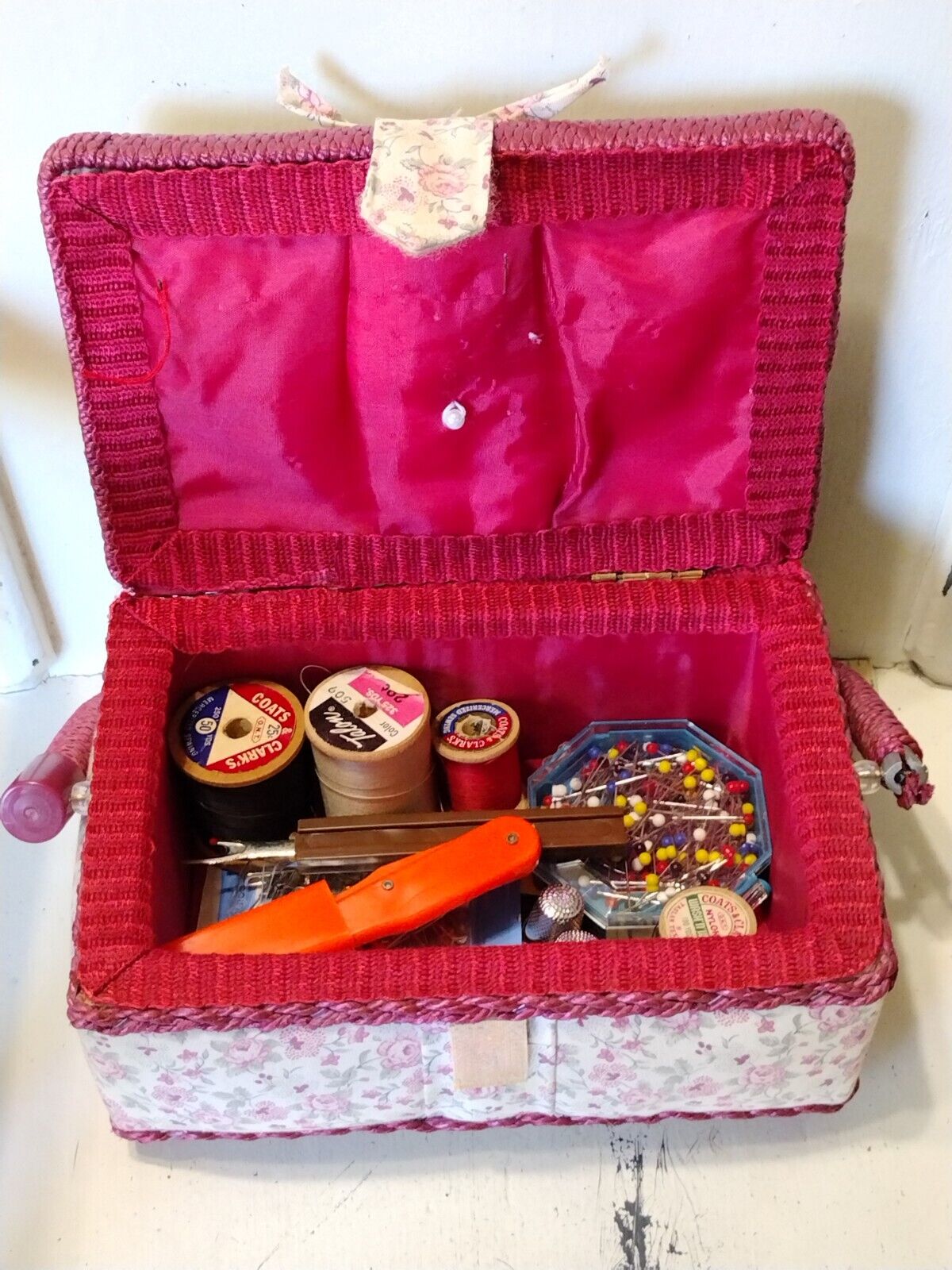 Small Vintage Floral Sewing Box Including Vintage Sewing Items