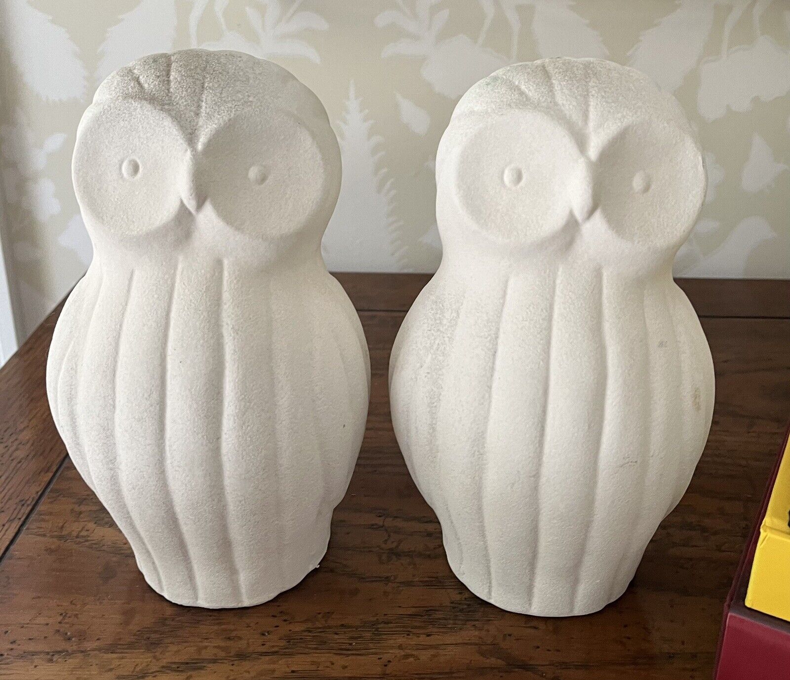 Vintage 1970s Mod Art Pottery Owl Pair Large 8” Figurines-Textured Matte White