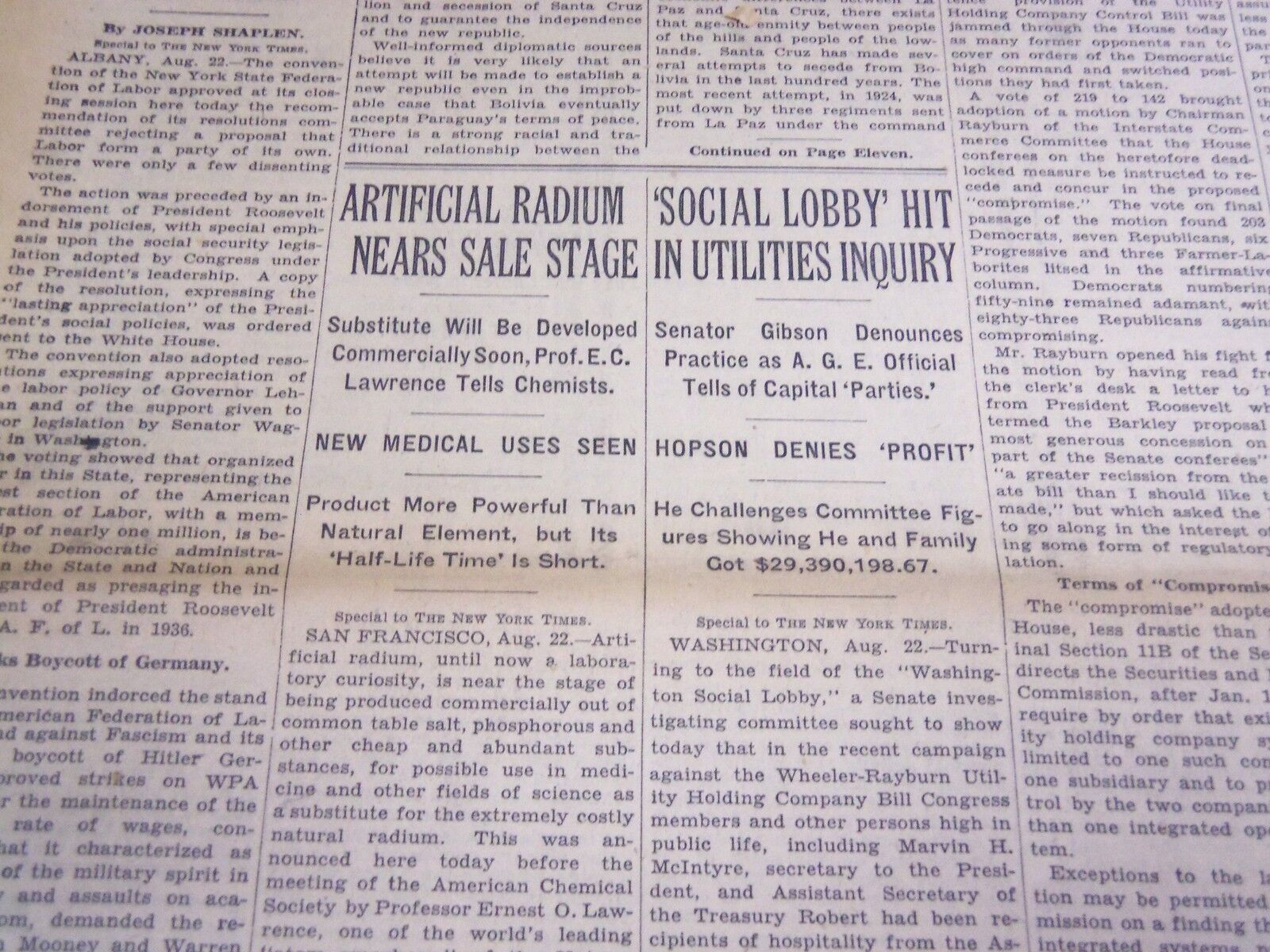 1935 AUGUST 23 NEW YORK TIMES - ARTIFICIAL RADIUM NEARS SALE STAGE - NT 4905