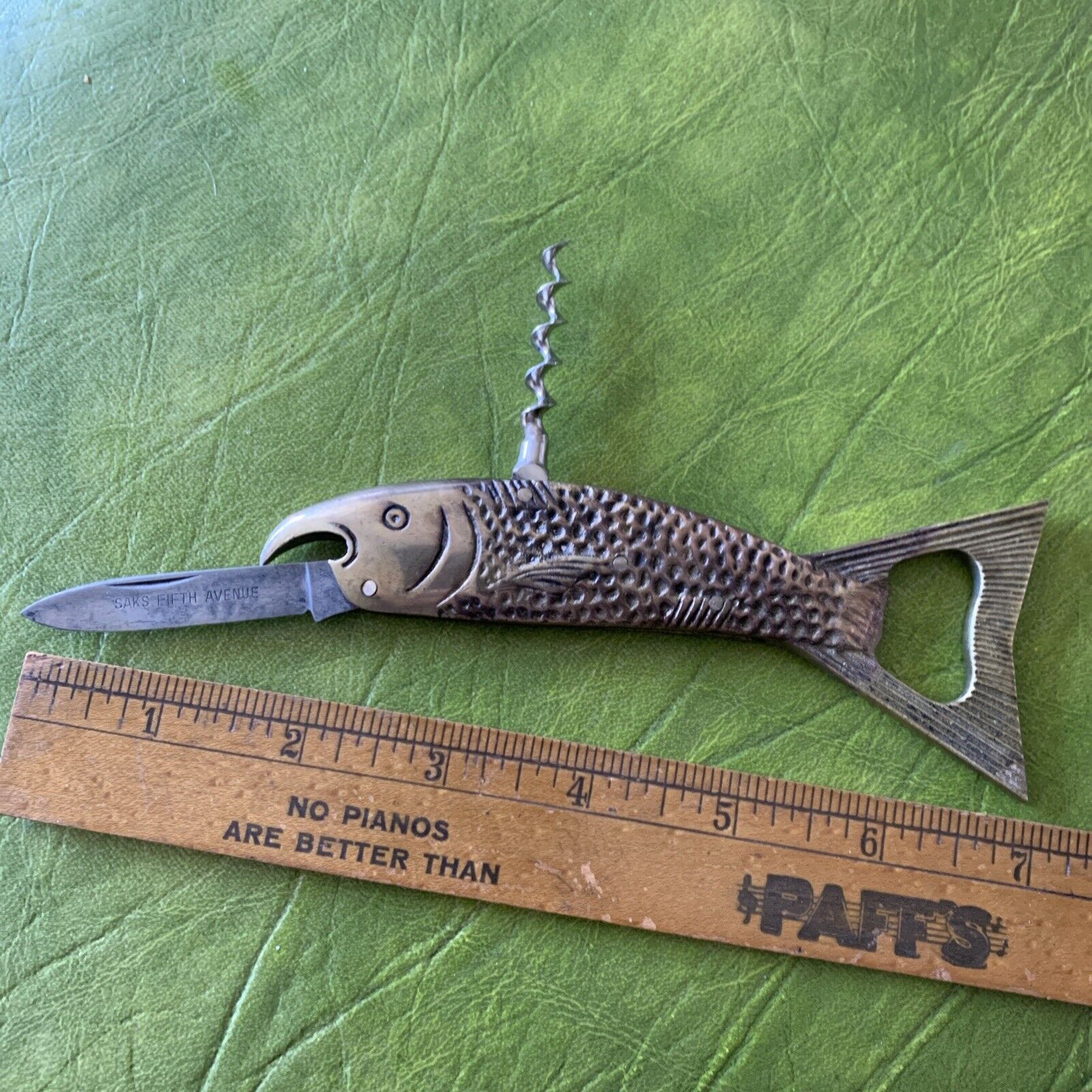 Rare Vintage Fishing Bottle Opener Knife Fish Brass Germany Saks New York