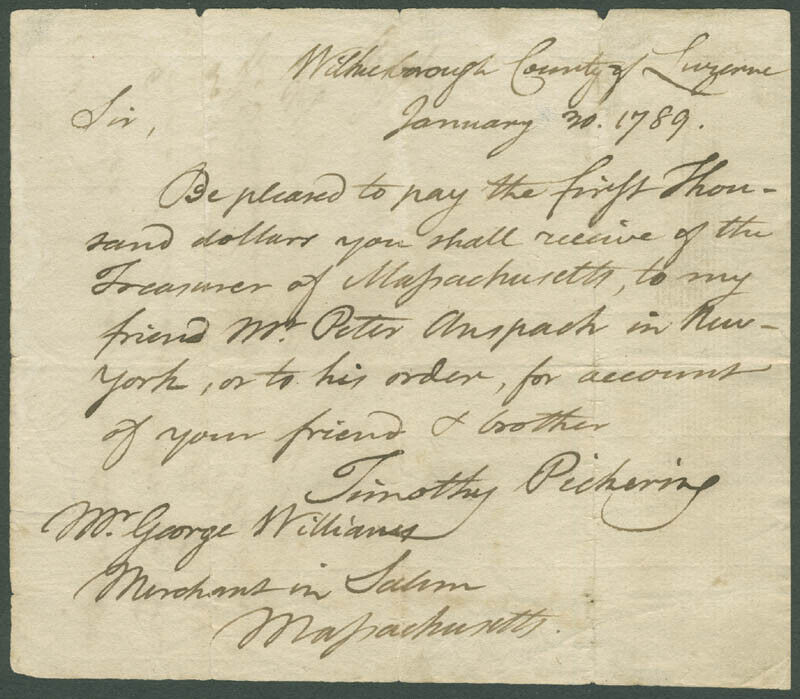 TIMOTHY PICKERING AUTOGRAPH LETTER SIGNED 01/30/1789 CO-SIGNED BY: PETER ANSPACH