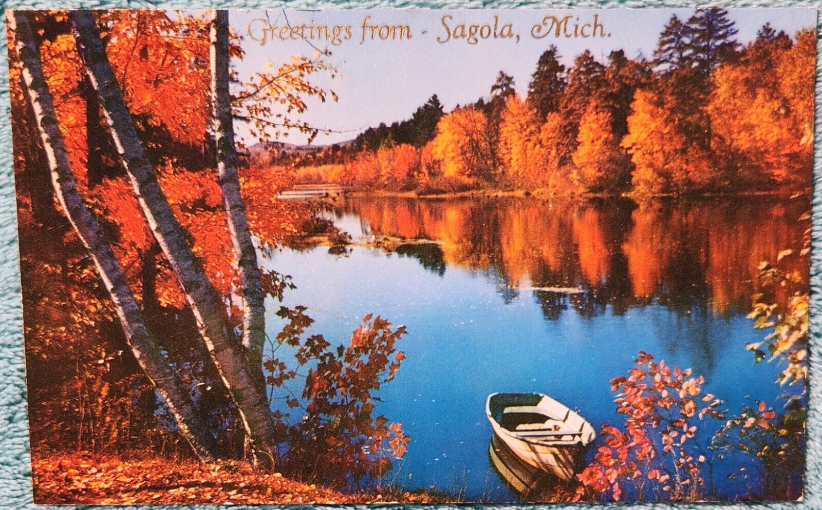 Autumn Leaves Surround A Lake Sagola Michigan 1950's Unused Vintage Postcard