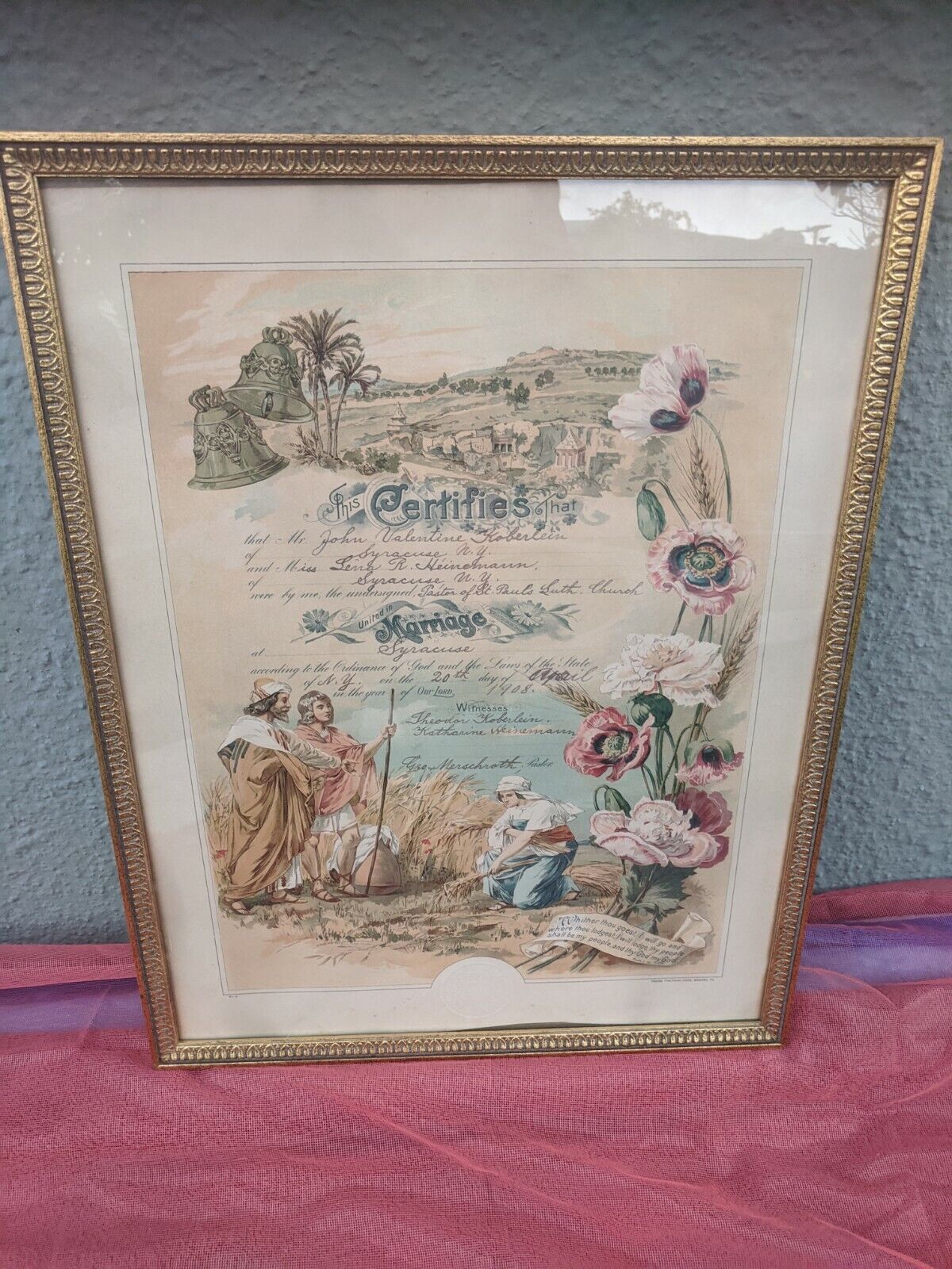 Marraige Certificate 1908 Vintage Framed 21x16﻿