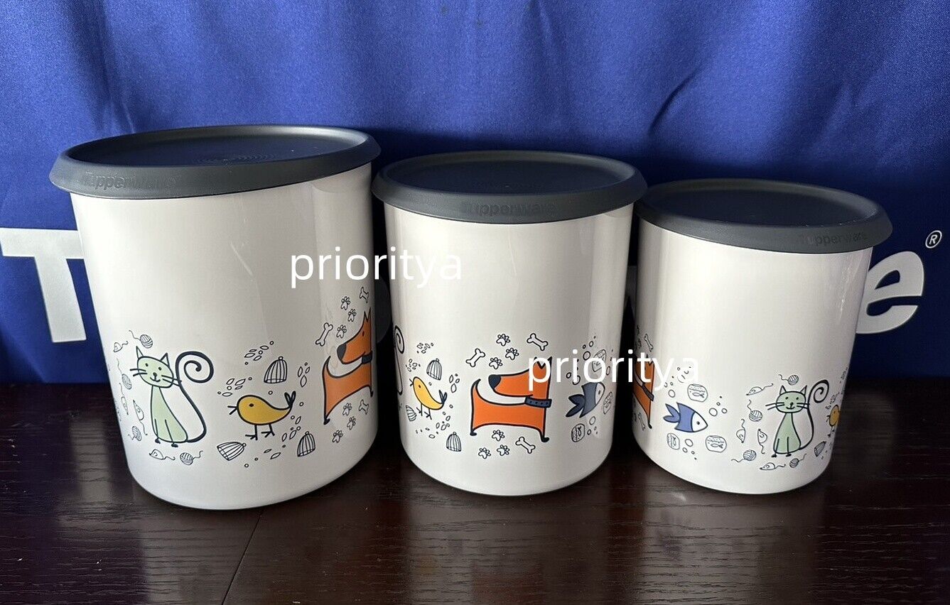 Tupperware Pawsome Pets One Touch Canister 18/12/8 cup Set of 3 Black Seal New