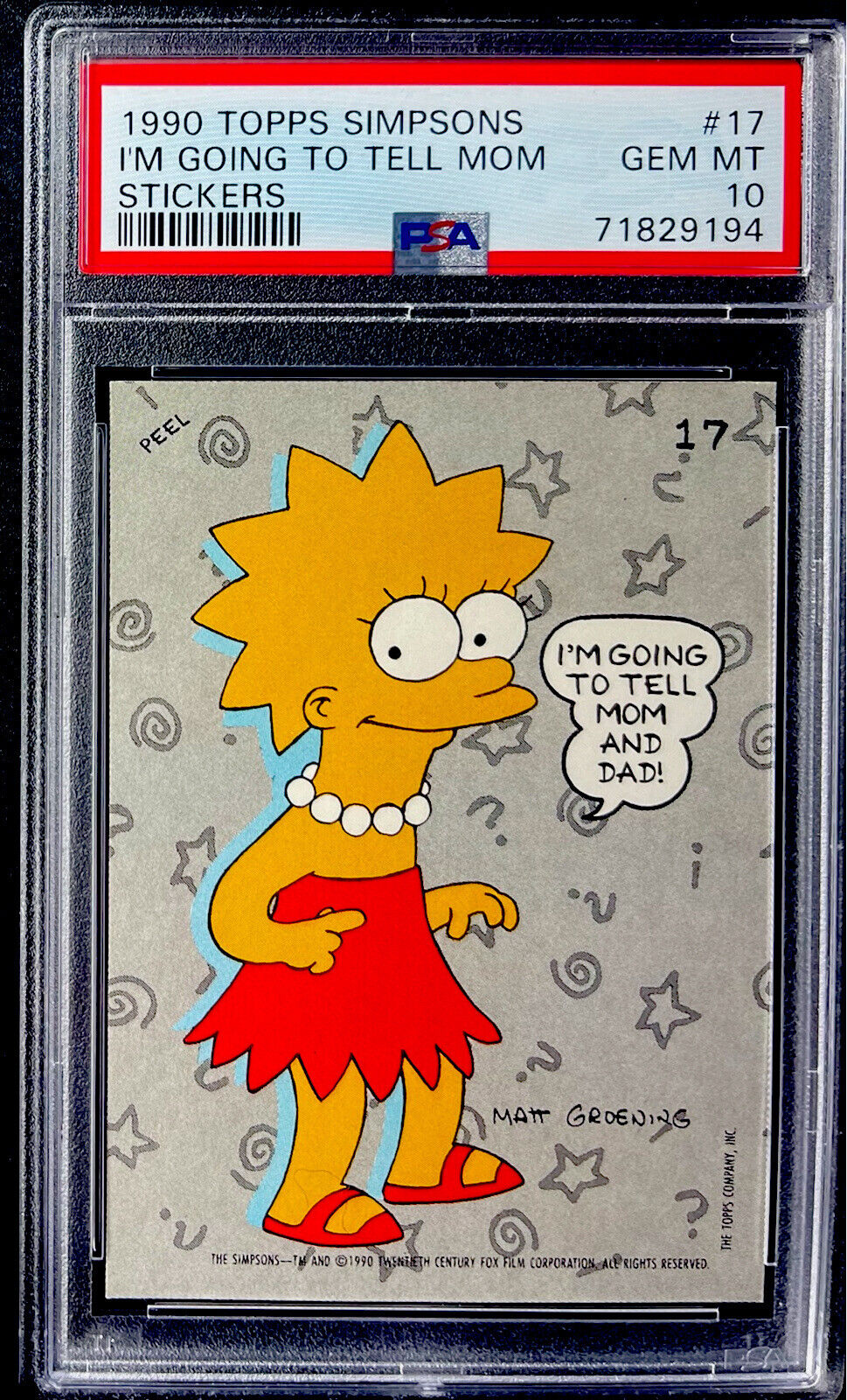 GEM MINT 1990 Topps The Simpsons Sticker LISA I\'M GOING TO TELL MOM #17 PSA 10