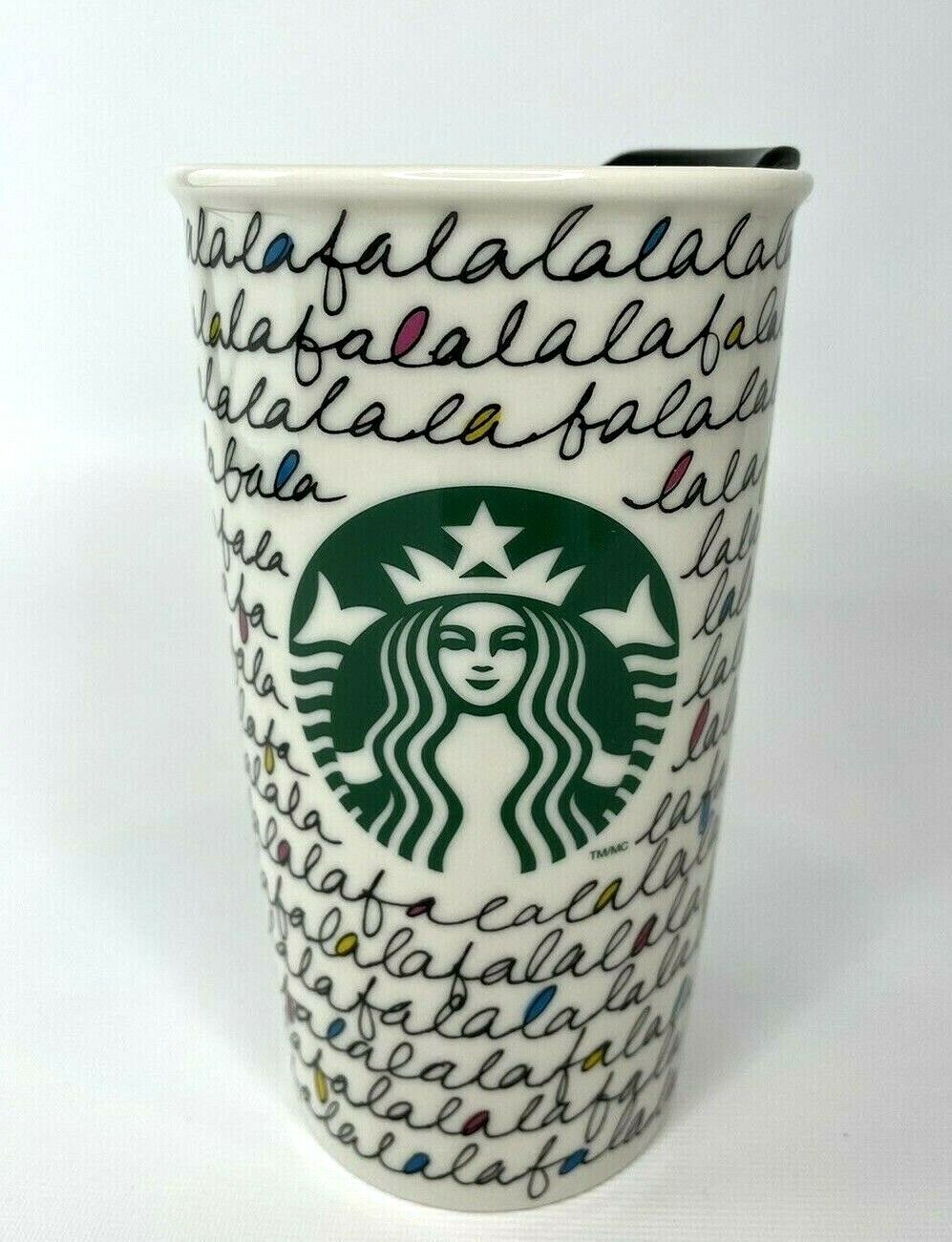 Starbucks FaLaLa White Ceramic Traveler Tumbler Mug 12oz Holiday 2011 Collection