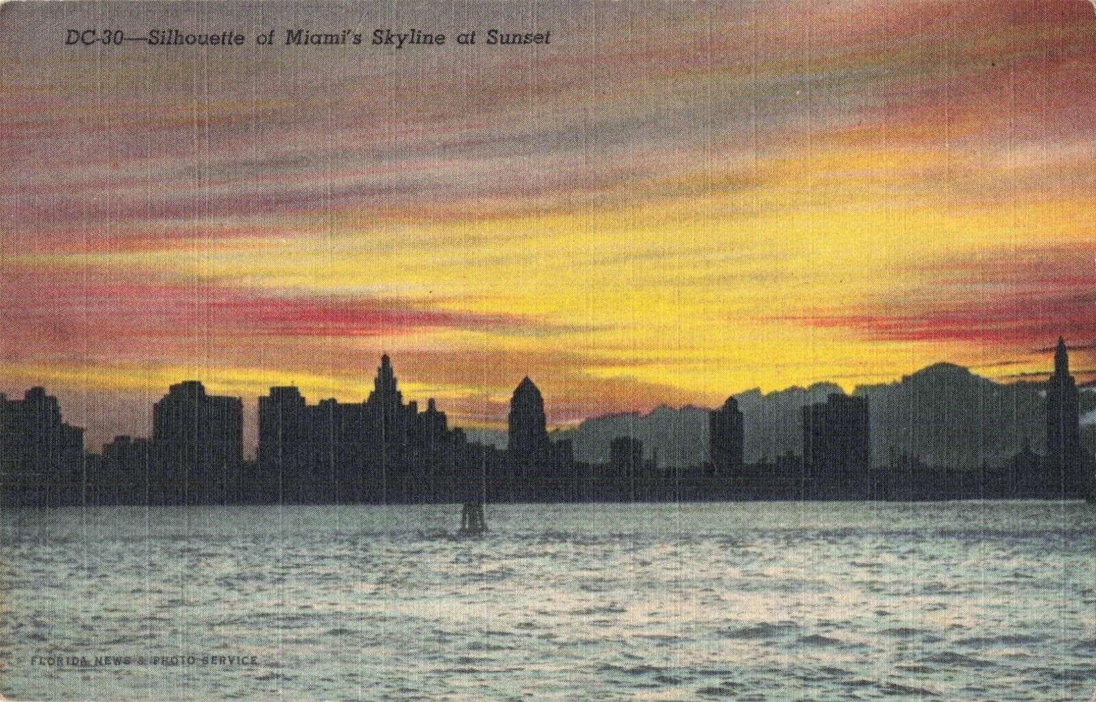Miami FL Florida, Miami Skyline Silhouette at Sunset, Vintage Postcard