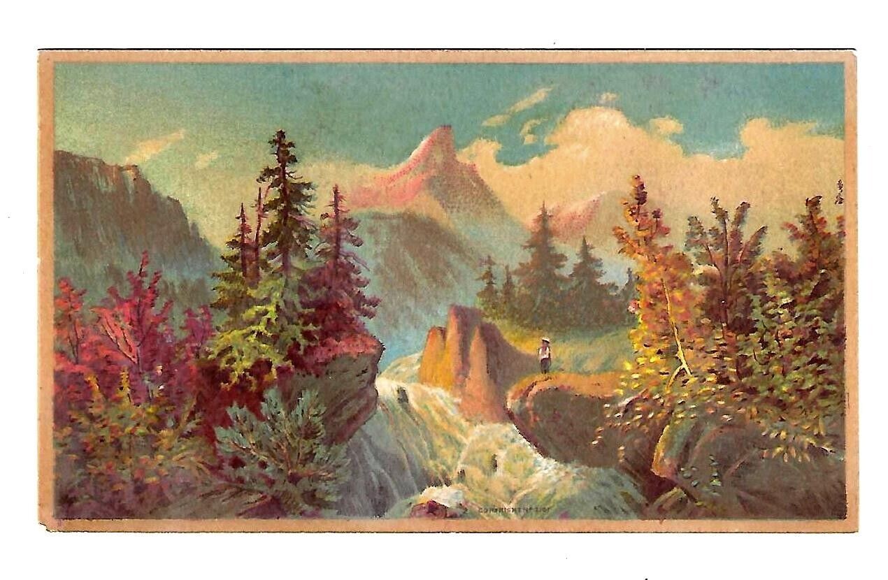 c1890's Trade Card River, Mountains, Water-Fall Scene