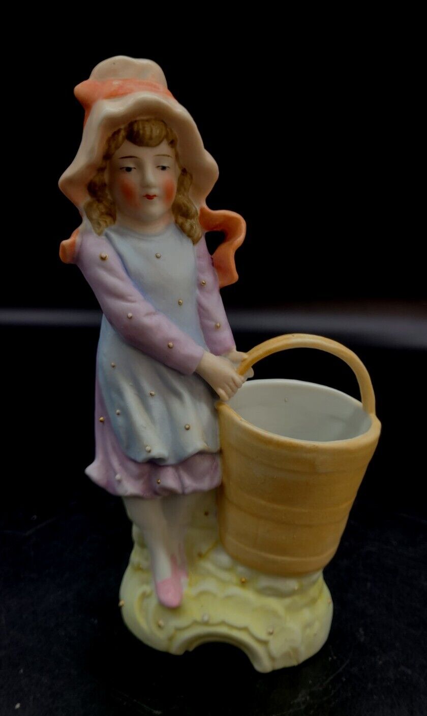 Vtg/Atq Hand Painted Bisque Girl in Hat With Basket Spill Vase Planter Germany 
