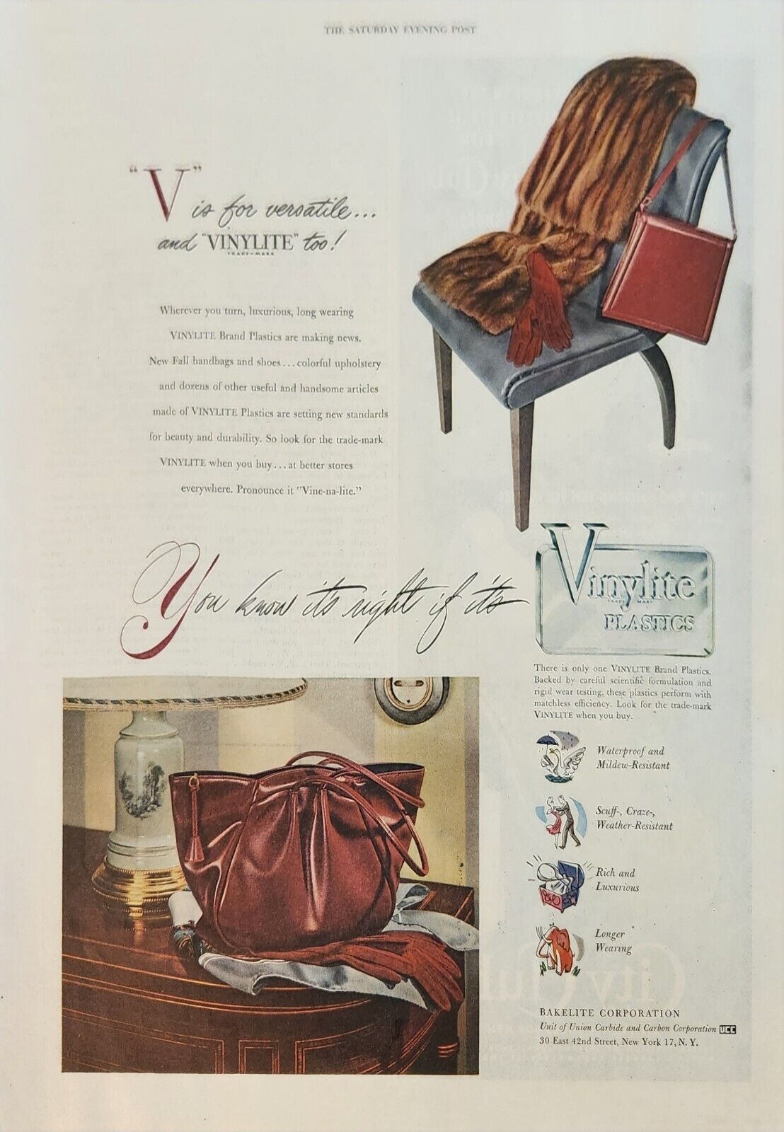 1947 Vinylite Plastic Vintage Ad V is for versatile