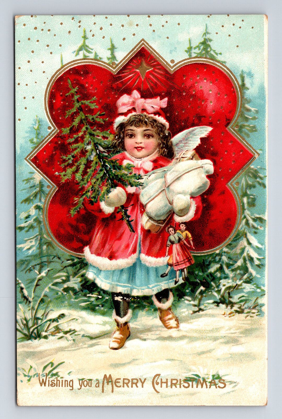 Merry Christmas Girl Angel Gifts Tree Dolls Germany WS Embossed Postcard