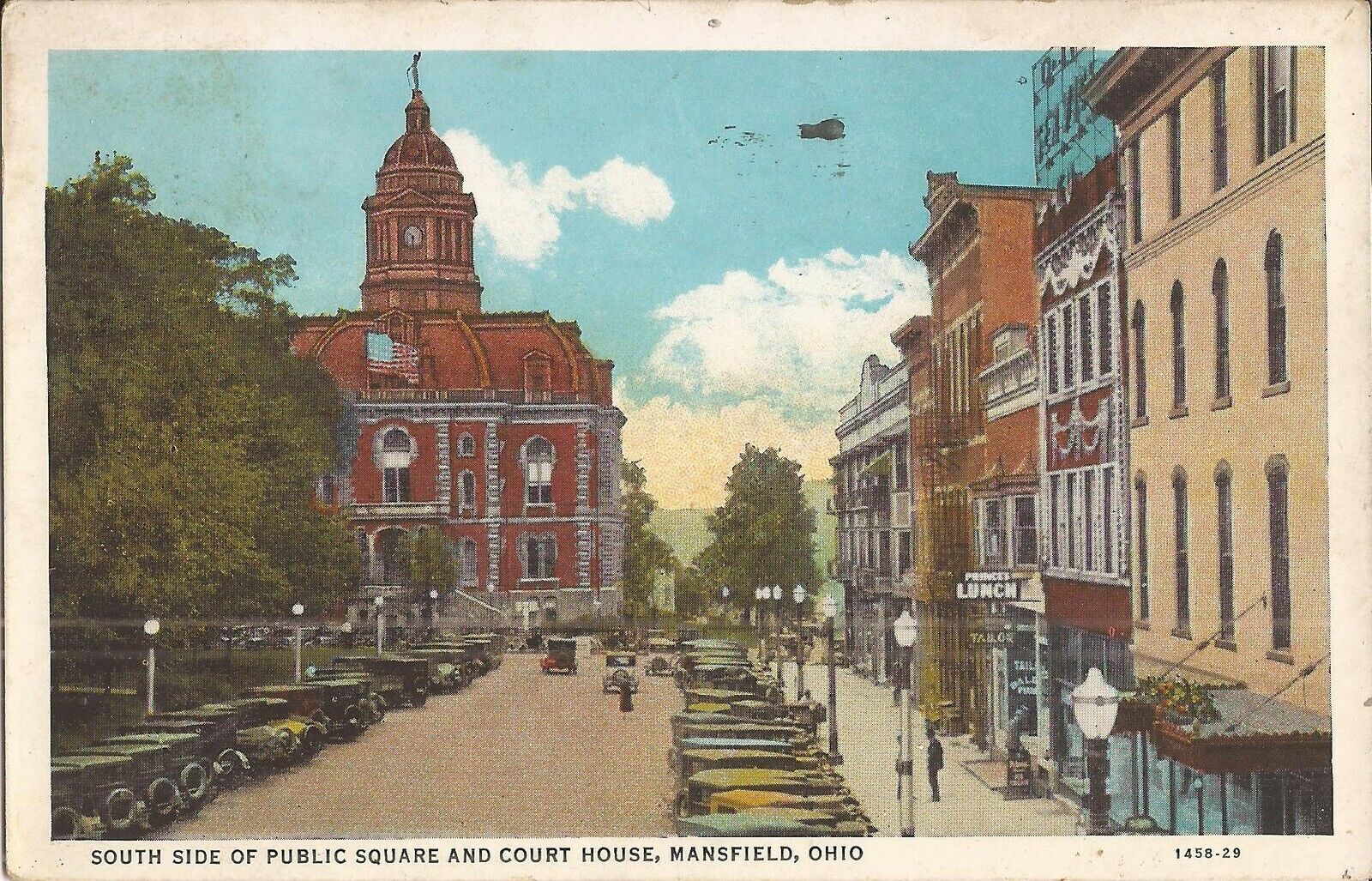 Mansfield, OHIO - Public Square & Court House - 1935 - old cars, sign, lamppost