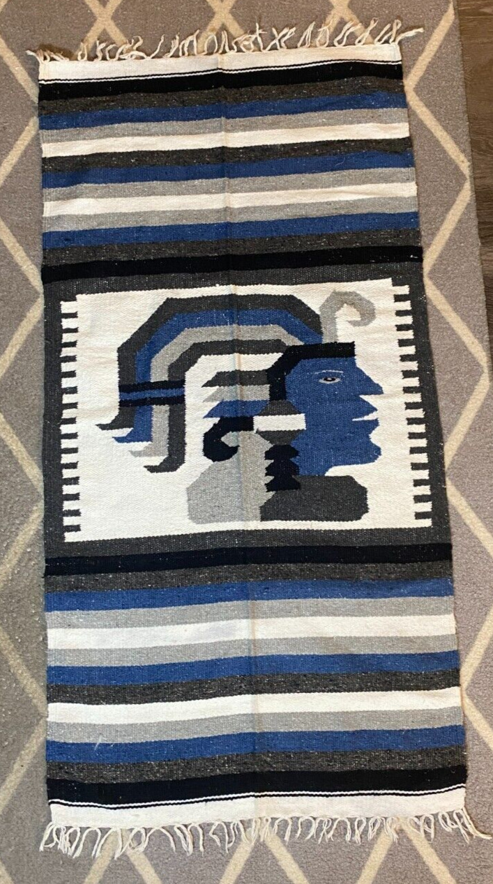 Vintage South American Wool Wall Hanging Tapestry Aztec Warrior Blue Gray 56x28