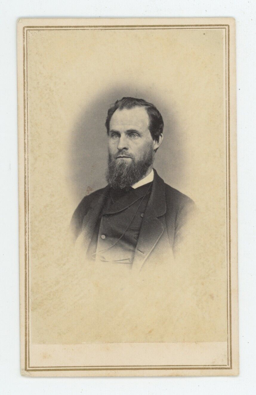 Antique CDV Circa 1860s Stern Looking Handsome Man With Long Beard in Suit