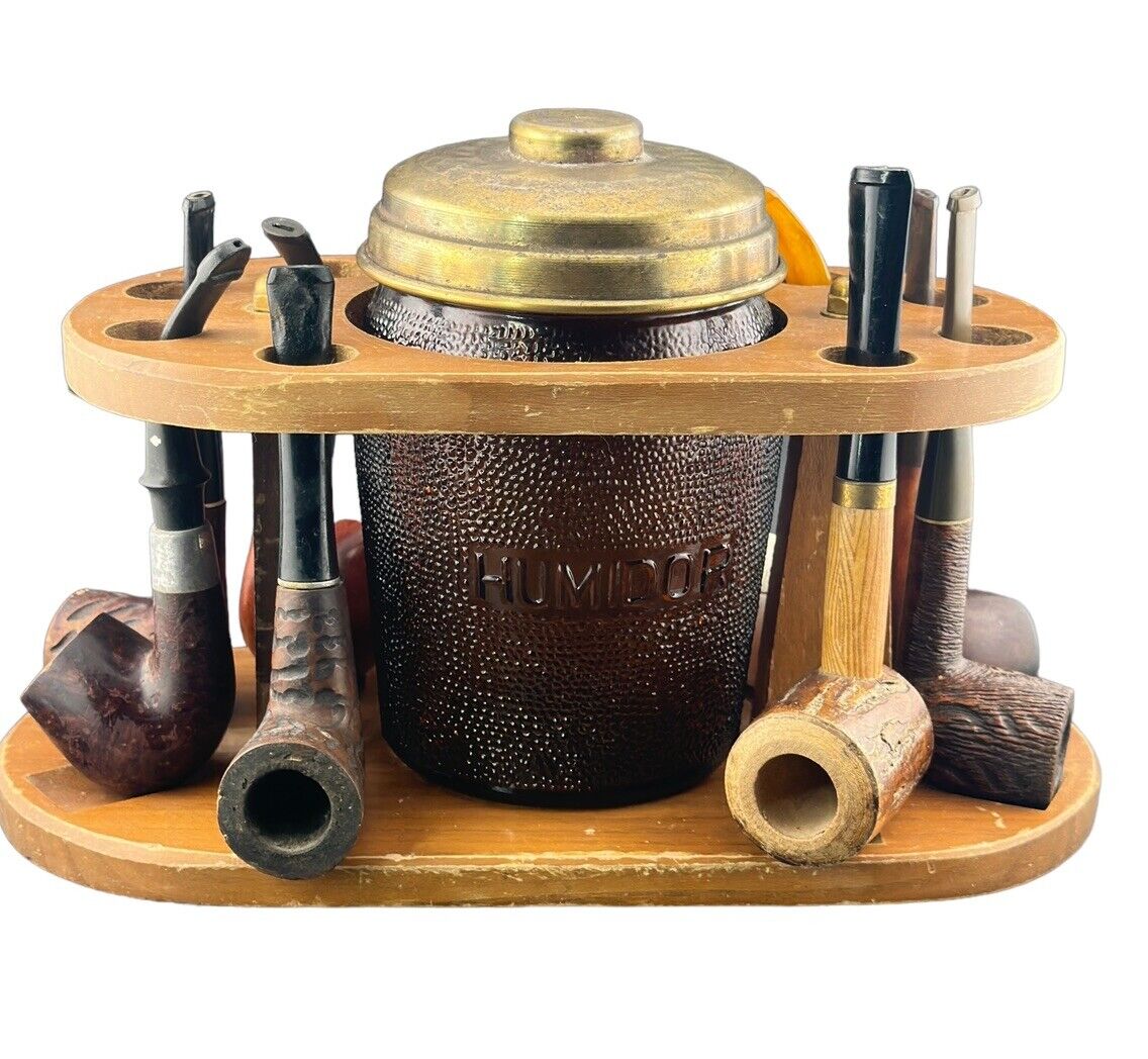 LOT OF 8 VINTAGE TOBACCO SMOKING PIPES WITH STAND AND HUMIDOR JAR