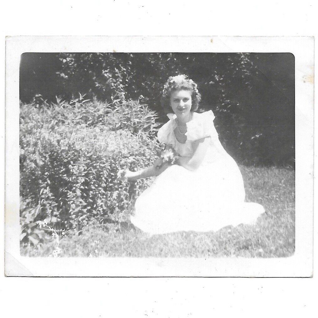 Vintage Photo Beautiful Woman White Dress Angelic Fairy Whimsical Garden 1930s