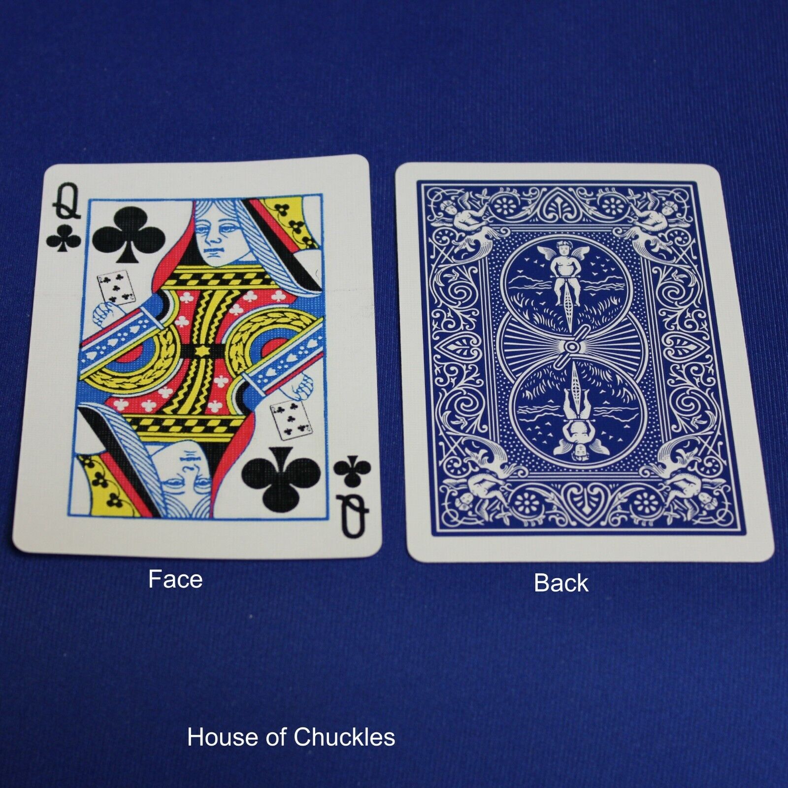 Queen of Clubs reveals 5 of Clubs - Blue Bicycle Gaff Playing Card
