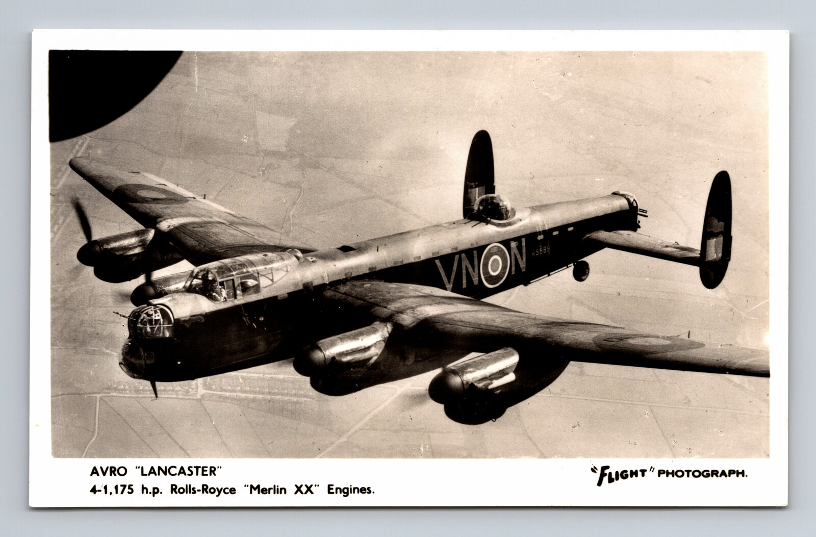 RPPC WWII RAF Avro Lancaster II Bomber FLIGHT Photograph Postcard
