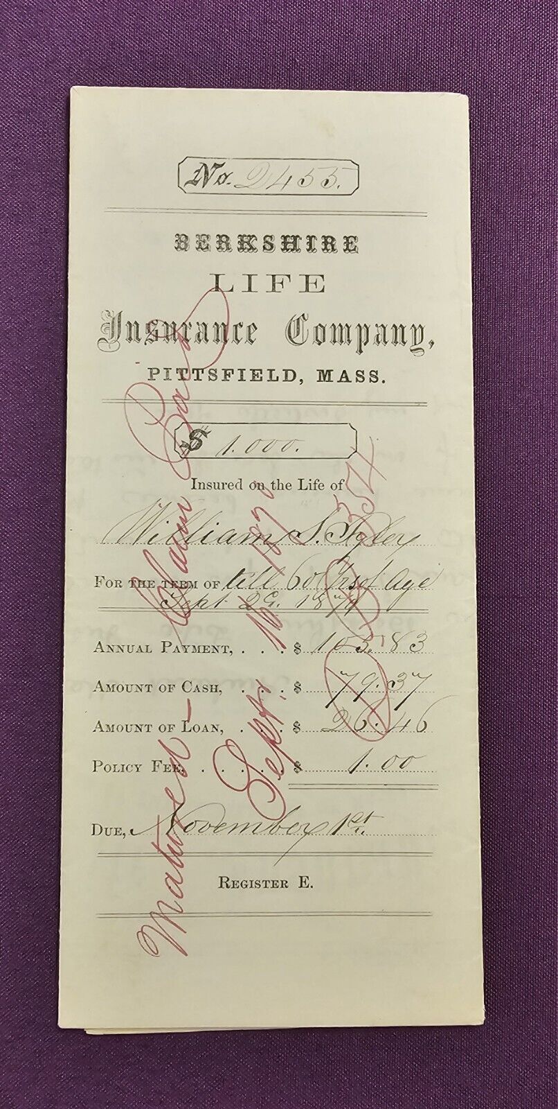 1870 Berkshire Life Insurance Co Policy William Tyler Hampshire County MA Stamp