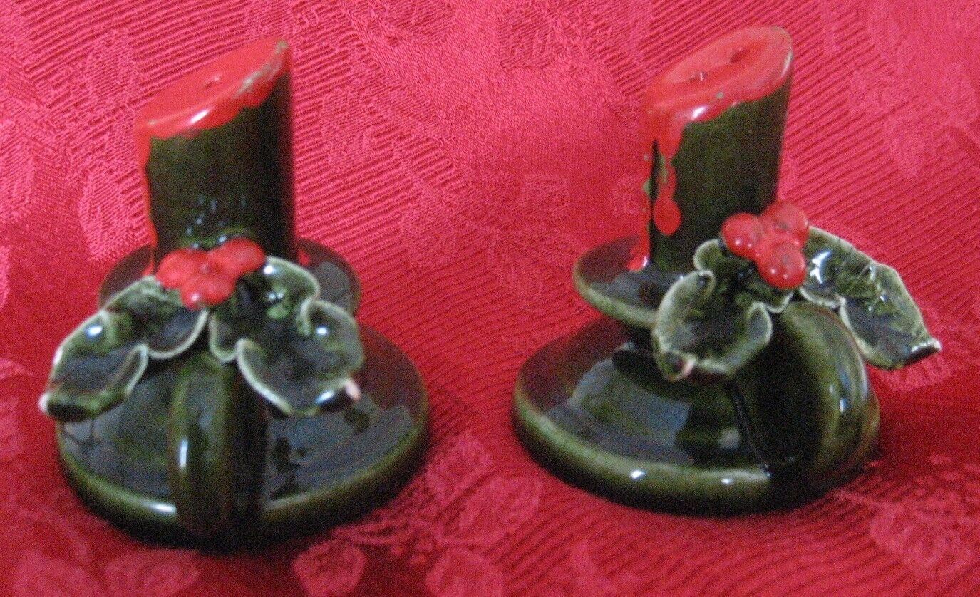 Vintage 1950s Holly Berry Christmas Candlestick Salt & Pepper Shakers-No Stopper