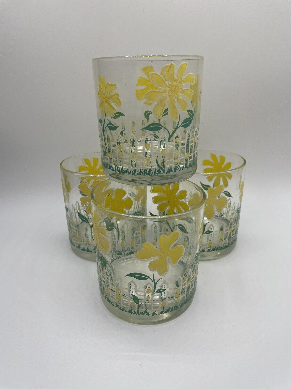 Culver Daisy and Picket Fence Textured Old Fashioned Glasses Set Of 4, 3 3/8”