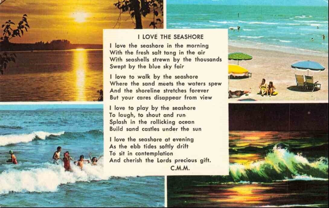 I Love The Seashore Ocean Kids Playing Poem VTG Unposted Chrome Postcard