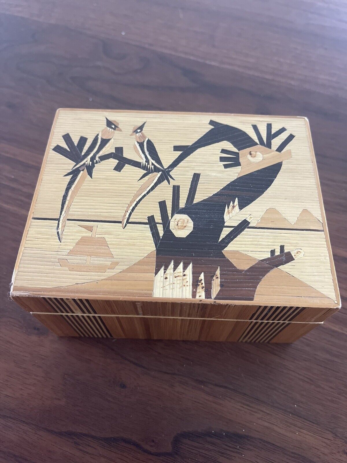 Marquetry Wooden  Inlay Box with Birds Island Boat red lining trinket box 5x6x4