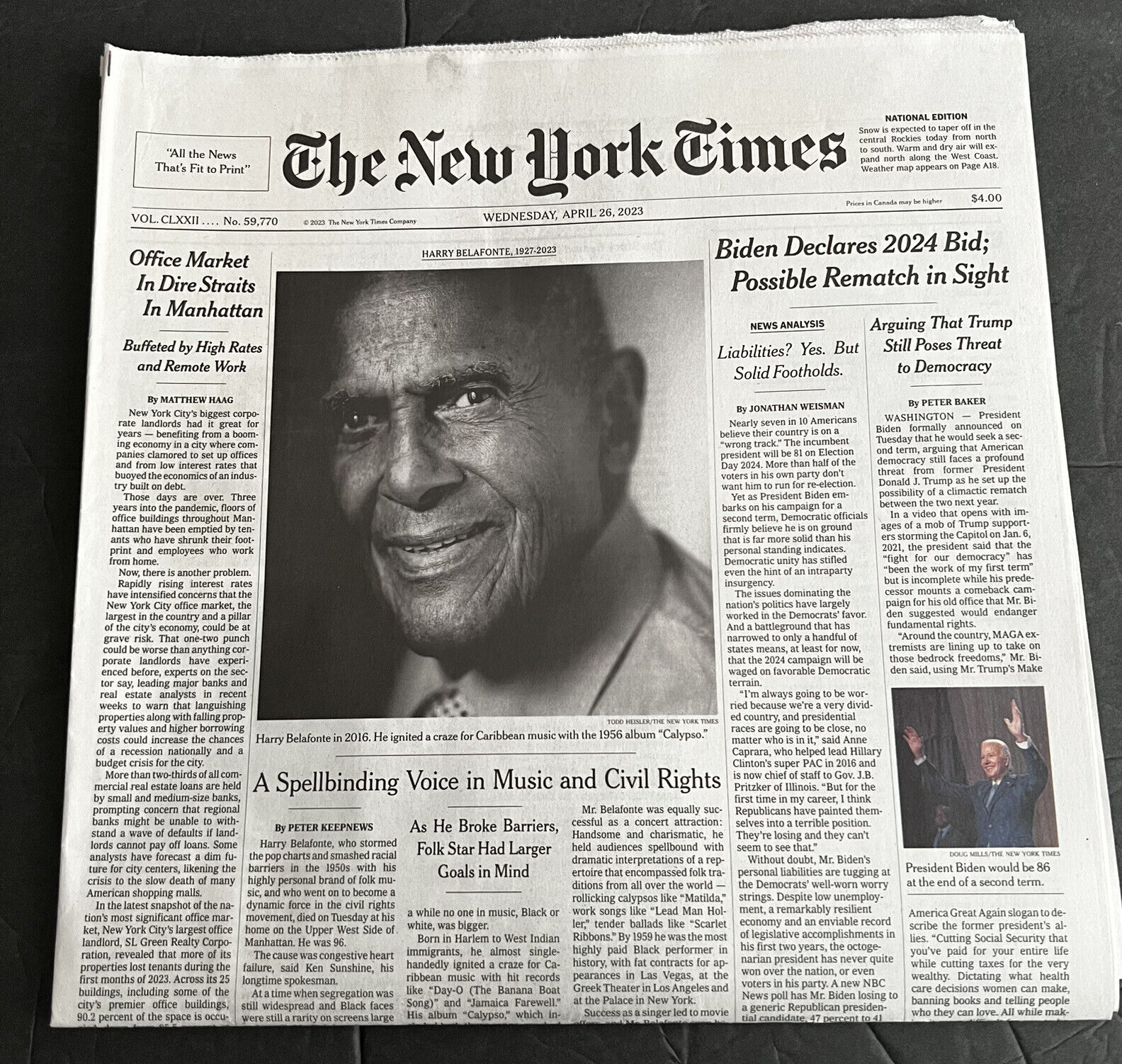 The New York Times Newspaper HARRY BELAFONTE 1927-2023 April 26 2023 Wednesday