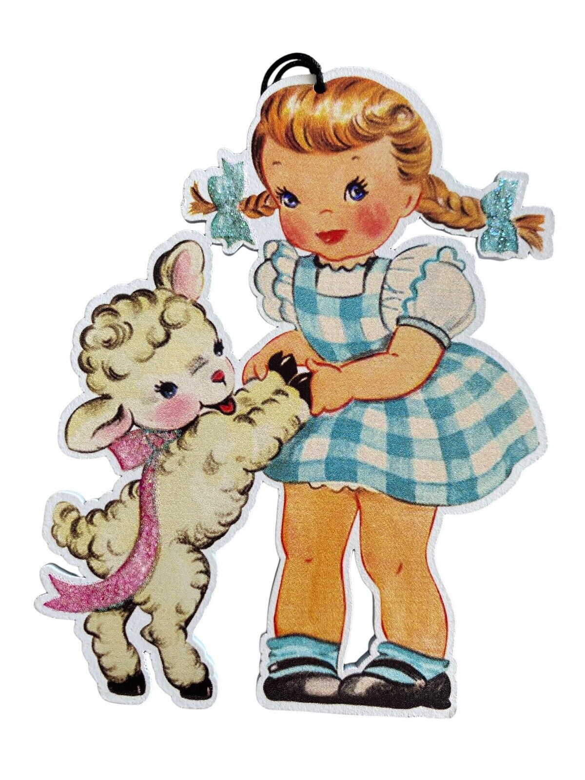 Lamb & Girl Glitter Embellished Ornament Vintage Style