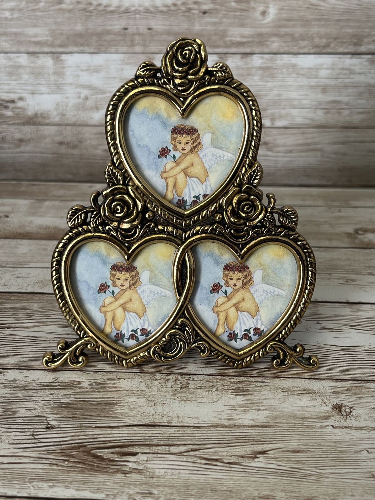 Vintage Gold Tone Rose Triple Heart Picture Photo Frame Taiwan Shabby Chic