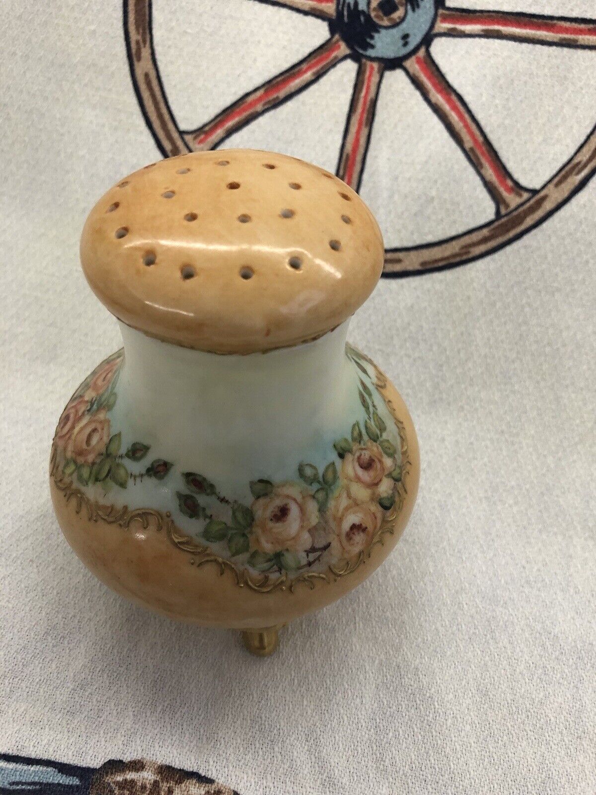 Vintage porcelain powder shaker Peach Roses footed gold Hand Painted