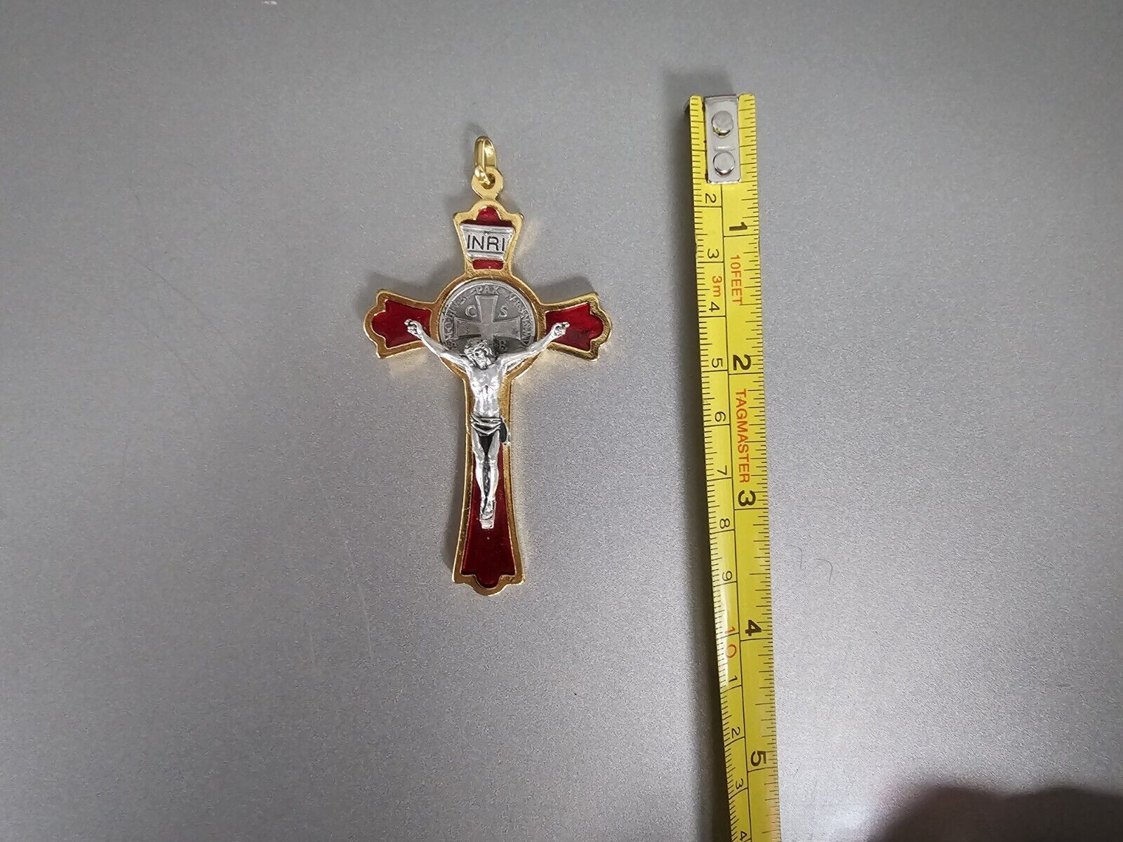 Catholic Large St Benedict Red Enamel Silver Tone Gold Tone Crucifix 3+\