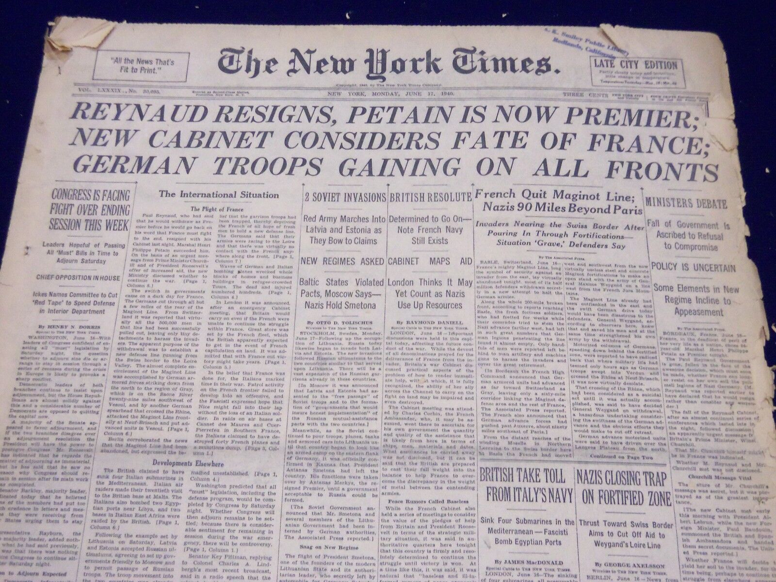 1940 JUNE 17 NEW YORK TIMES - REYNAUD RESIGNS PETAIN IS NOW PREMIER - NT 188