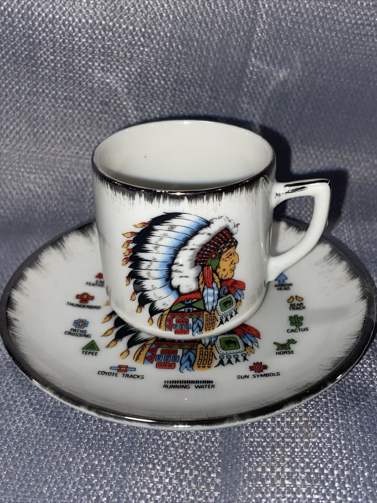 VTG Lugenes Japan Porcelain NATIVE AMERICAN SYMBOLS CUP & SAUCER Indian Chief OK