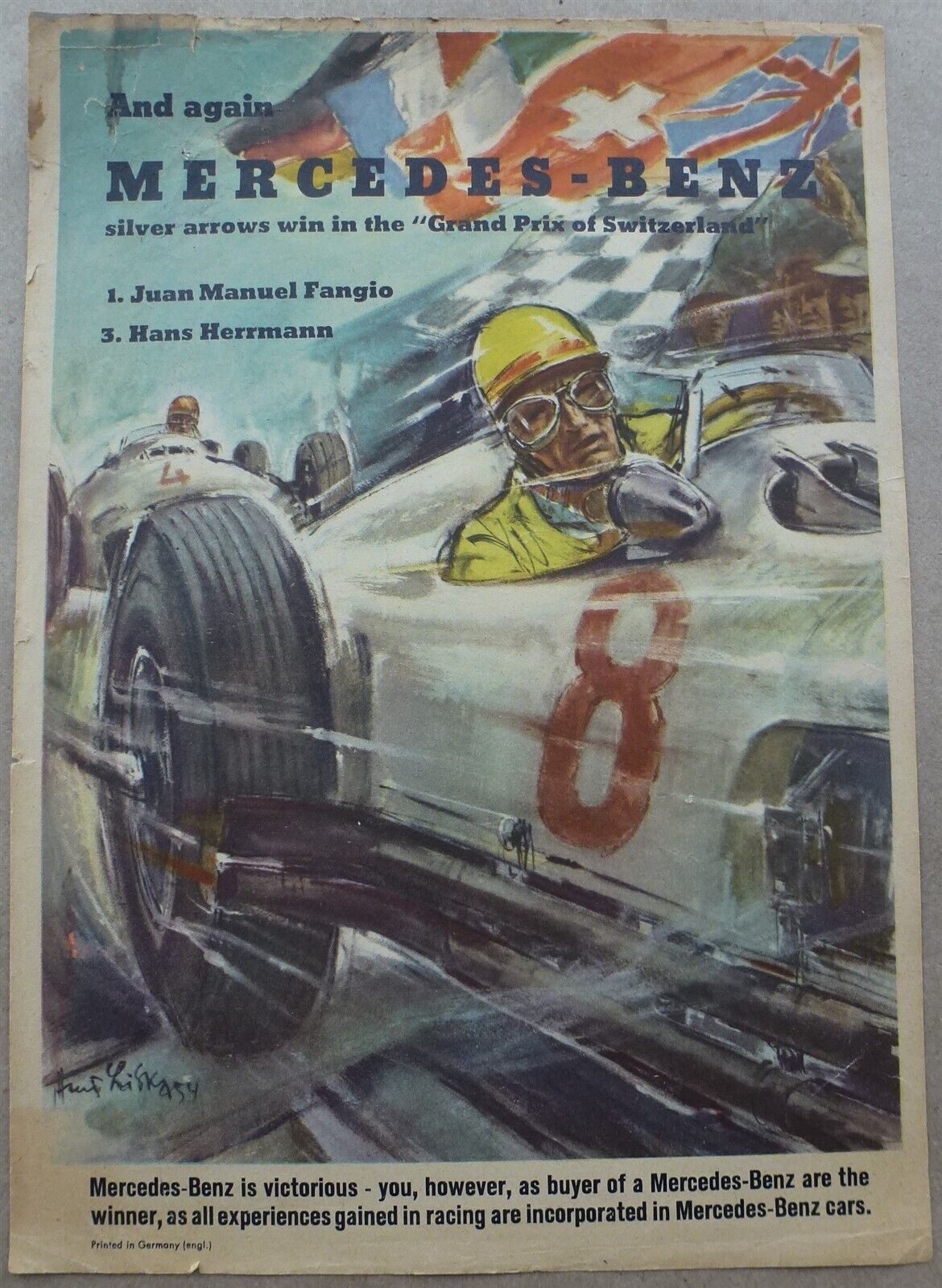 Poster Mercedes 1954 original victory poster Swiss GP Fangio by Liska English V.