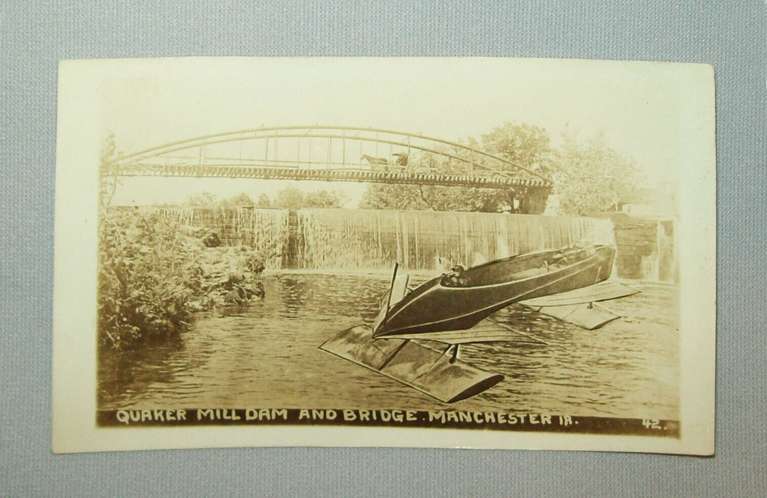 Old Vtg 1910s Post Card Quaker Mill Dam with Unusual Boat Added to Image Nice