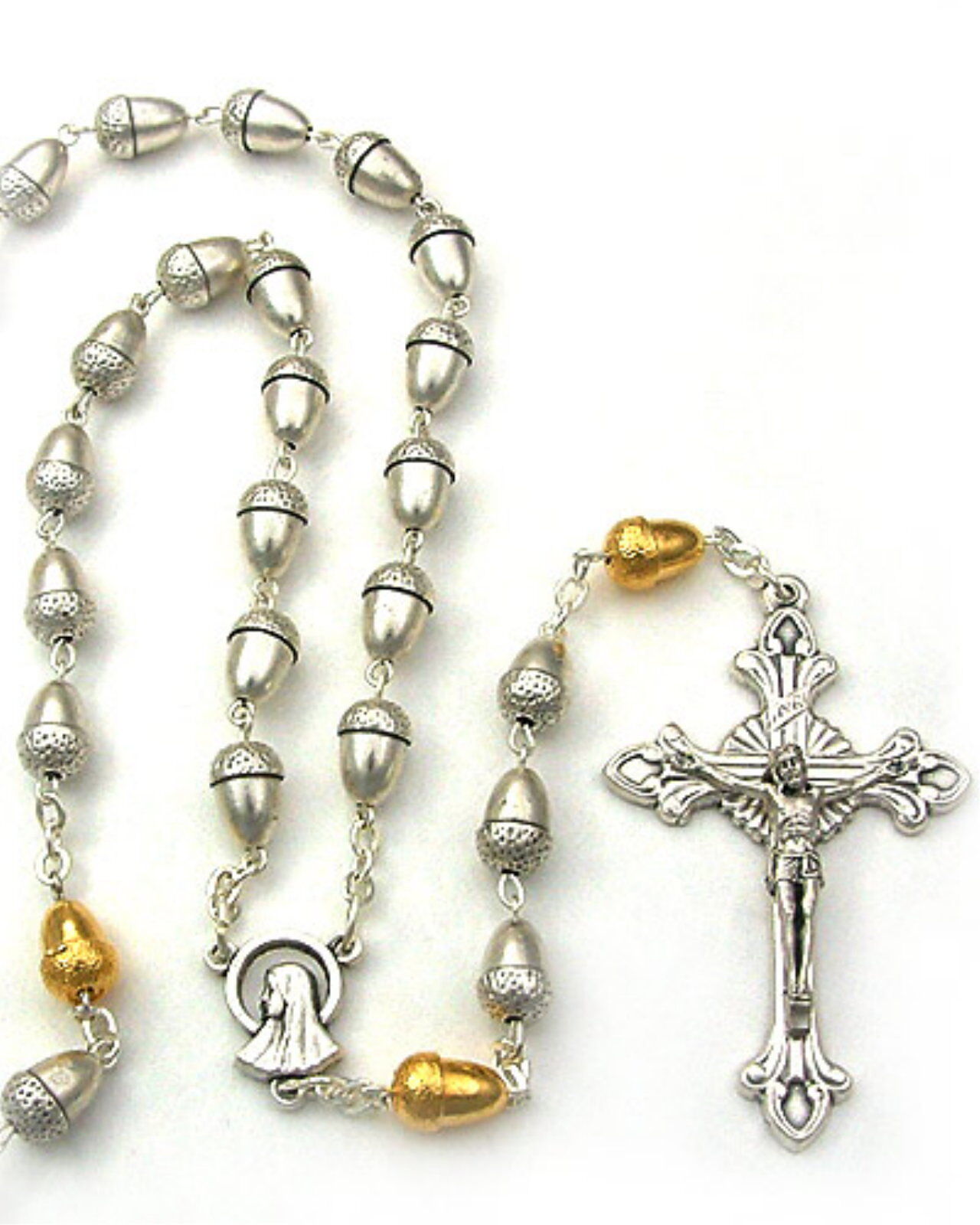 NEW BEAUTIFUL MADE IN  ITALY SILVER & GOLD ACORN BEAD ROSARY LOVELY & UNIQUE