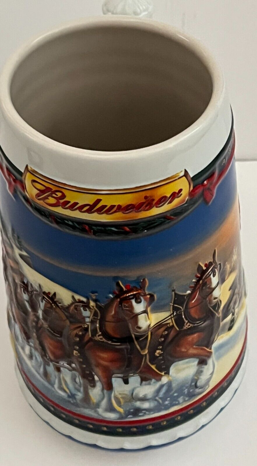 Budweiser Holiday Beer Stein Mug 2002 The Way Home CS529 Clydesdales Lighthouse