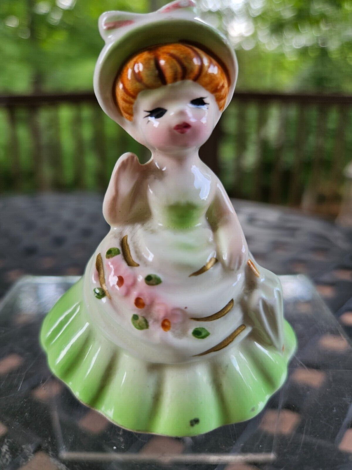 Vintage Porcelain Bell Made in Japan Victorian Lady in Green 