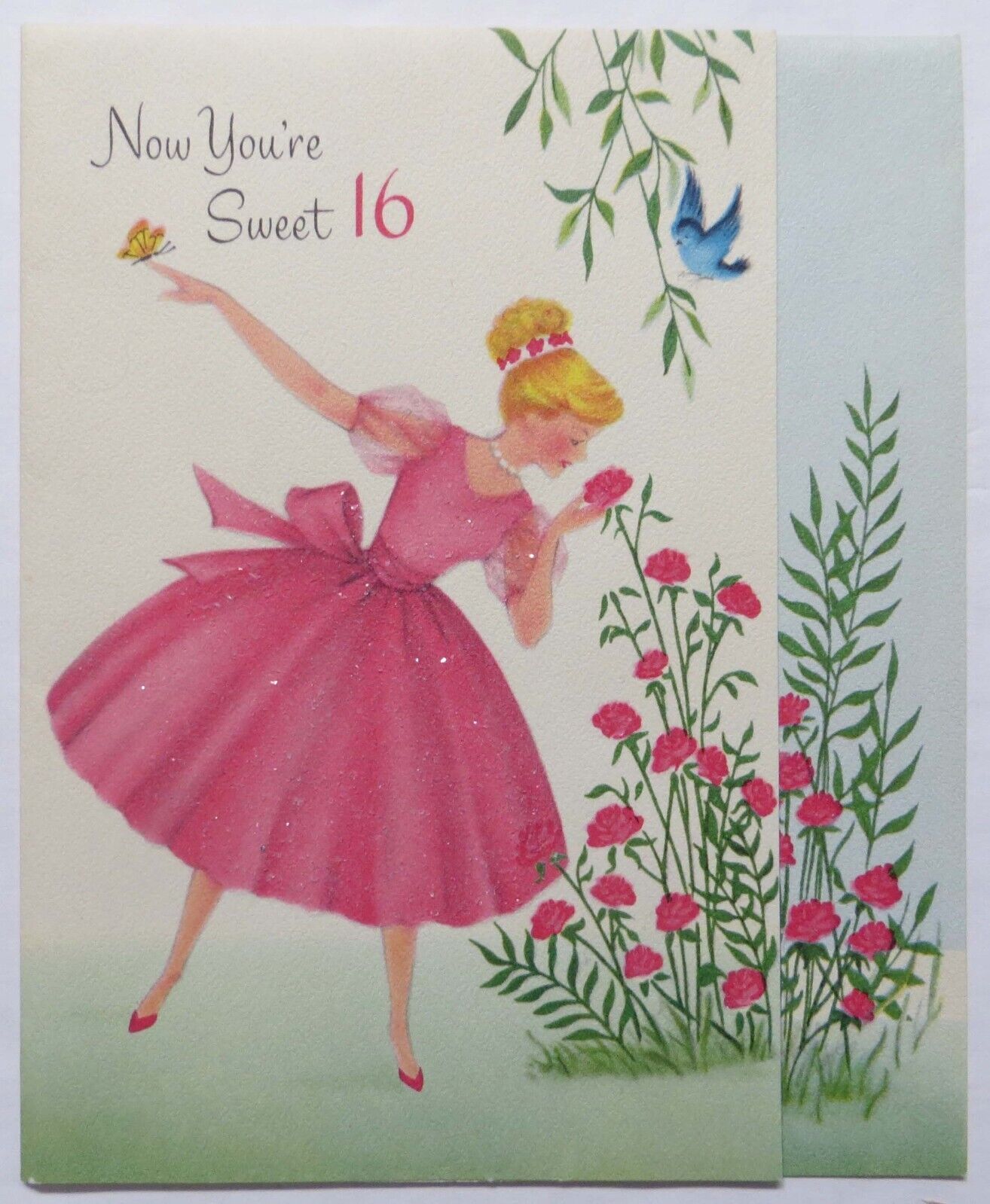 Vtg MCM Sweet Sixteen 16 Birthday Card-LOVELY GIRL IN PINK DRESS SMELLS FLOWERS