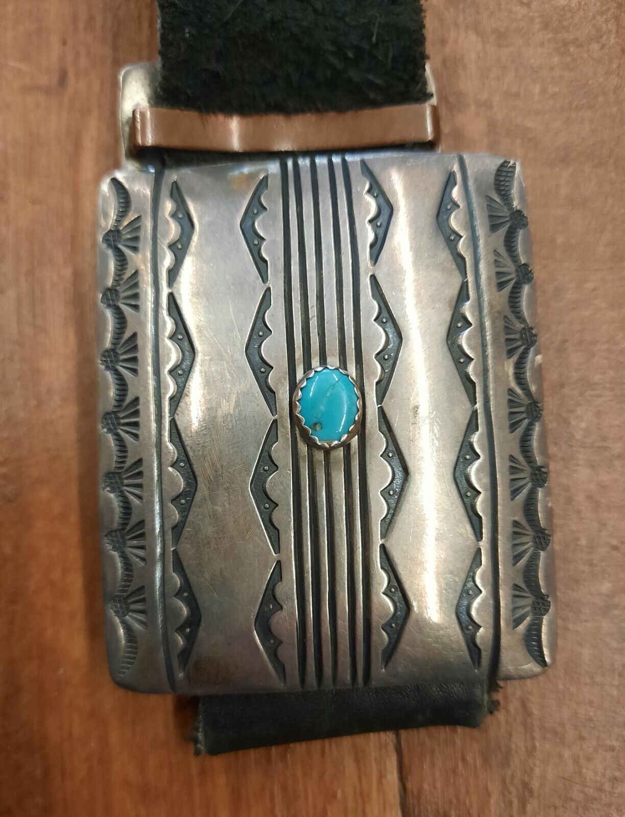 Antique STERLING SILVER Turquoise Belt and Buckle 11 Turquoise Stones Signed GB